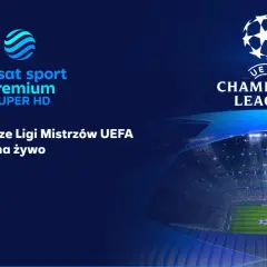 Logo Polsat Sport Premium i UEFA Champions League nad stadionem piłkarskim.