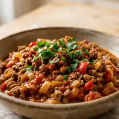 Un bol rustique de axoa de veau, garni de persil frais. Un plat réconfortant et savoureux.