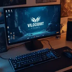 Bureau de jeu avec écran affichant le logo "VILOORMT" et un fond d'écran sombre. Clavier rétroéclairé bleu, souris et décorations thématiques Valorant.