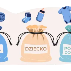 Torby z rzeczami dla mamy, dziecka i na powrót do domu. Worek "Dziecko" zawiera niezbędne rzeczy dla noworodka: body, skarpetki, butelkę i kombinezon.