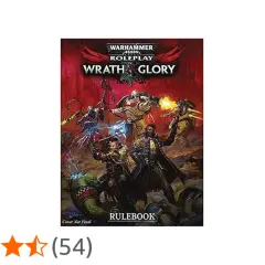 Okładka Warhammer 40,000 Roleplay: Wrath & Glory. Bohaterowie walczą z potworami, w tym z demonette.