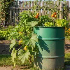 Grüne Regentonne als Upcycling-Gefäß für Tomaten, Salat und Zucchini im sonnigen Garten.
