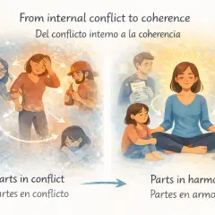 Illustration shows a woman in conflict with various "parts" of herself, then finding peace through IFS coaching, leading to harmony.
