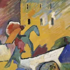 Pintura con círculo de Kandinsky, vibrante y abstracta, evoca un paisaje con figuras y formas geométricas en movimiento.