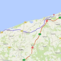 Mapa drogowa wybrzeża. Widać Kołobrzeg, ale nie ma oznaczenia, czy w Kołobrzegu jest lotnisko.