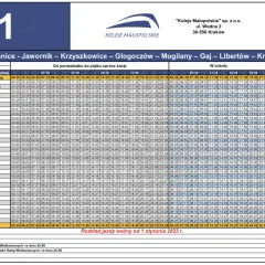 Rozkład jazdy A1: busy Kraków - Myślenice, Jawornik, Krzyszkowice, Głogoczów, Mogilany, Gaj, Libertów. Busy Kraków - Myślenice.