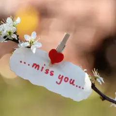 Biała kartka z napisem "miss you" i serduszkiem, przyczepiona do kwitnącej gałązki. Wyrazy współczucia po angielsku.