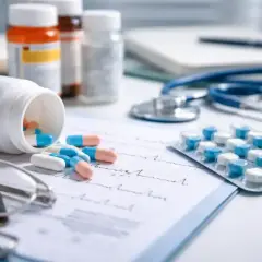 Leki, w tym kapsułki i tabletki w blistrze, leżą obok stetoskopu i okularów na dokumentacji medycznej. Może to być związane z leczeniem depresji za pomocą leków SNRI.