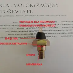 Czujnik ciśnienia oleju: metalowa obudowa, gwint, membrana i sprężyna pokazują, jak działa.