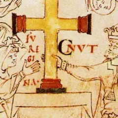 Ilustración medieval de Canuto el Grande, un rey con corona, señalando una cruz dorada.