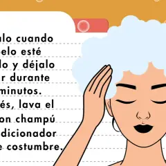 Ilustración de una mujer con pelo rizado y espuma, con instrucciones sobre cómo hacer que el pelo crezca rápido.