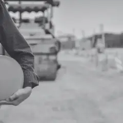 Budowa drogi, pracownik w kamizelce odblaskowej trzyma kask. W tle walec drogowy i znaki ostrzegawcze. To obraz wywłaszczenia terenu pod inwestycję.