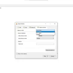 VLC media player's "Open Media" window, showing the "Capture Device" tab with "DirectShow" selected for capture mode, ready to record.
