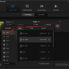 Selecting MP4 as the target format for an MPG video conversion.
