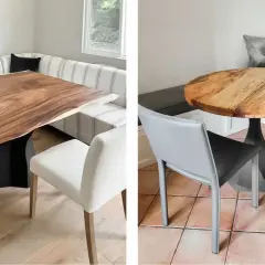 Two breakfast table settings. Left: live-edge wood table with striped banquette. Right: round wood table with gray chairs.
