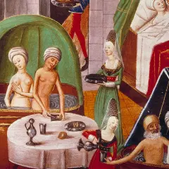 Miniatura średniowieczna: kobiety i mężczyzna w kąpieli, kobiety podają napoje.