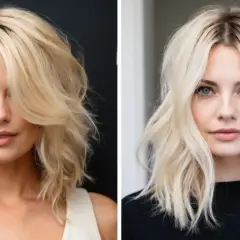 Zabieg odcienia od blond do naturalnej barwy włosów. Kobieta z niebieskimi oczami i falowanymi włosami.