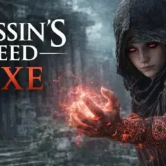 Postać z gry Assassin's Creed Hexe z płonącymi rękami i mrocznym kapturem.