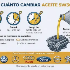 Guía visual sobre cada cuanto se cambia el aceite 5W30 para gasolina, diésel y LongLife. Incluye signos de cambio y factores que influyen.