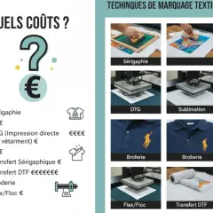Comparatif des coûts des techniques de marquage textile : sérigraphie, DTG (impression directe sur vêtement), sublimation, transfert, broderie et flex/floc.