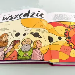 Ilustracja z książki o muzyce: Pitagoras i inni filozofowie dyskutują o muzyce wszechświata.