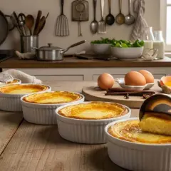 Une louche sert une portion dorée d'oeufs au lait dans un ramequin blanc. Des œufs et de la cannelle sont sur la table.