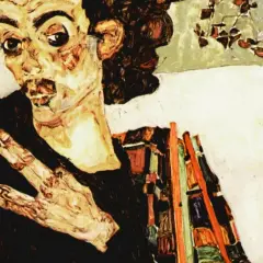 Ekspresyjny portret z cyklu "Egon Schiele dzieła". Postać z wykrzywioną twarzą i dłonią w geście.