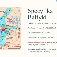 Mapa Bałtyku z zaznaczonymi głębokościami i nazwami krajów.