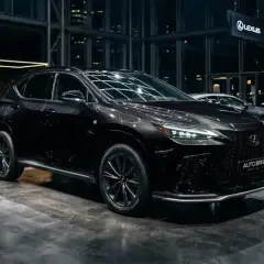 Elegancki, czarny Lexus 350h prezentowany w nowoczesnym salonie.