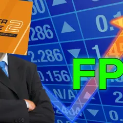 Człowiek w garniturze z logo Counter-Strike 2 zamiast głowy, na tle wykresu giełdowego z napisem FPS.