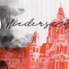 Rauchmelder-Pflicht in Niedersachsen: Ein Haus mit Paragraphen-Symbol und Rauch, dazu die Silhouette eines Gebäudes.