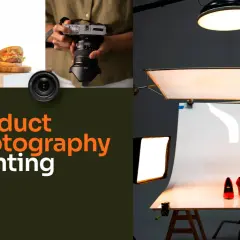 Setting up lighting for product photography at home. A burger and drink are lit on the left, while red heels are illuminated on the right.