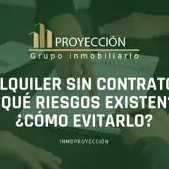 Manos señalando un contrato, dinero y una casa modelo. El texto advierte sobre los riesgos del alquiler sin contrato y cómo proteger los derechos del inquilino.