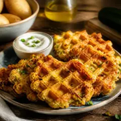 Herzhafte Zucchini-Waffeln mit Dip auf einem Teller, daneben Kartoffeln und Zucchini.