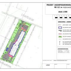 Projekt zagospodarowania działki z zaznaczoną powierzchnią zabudowy, dróg, chodników i zieleni. Określa co to jest powierzchnia zabudowy.