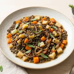 Linseneintopf mit Karotten und Kartoffeln, garniert mit frischen Kräutern, die an Bohnenkraut erinnern.