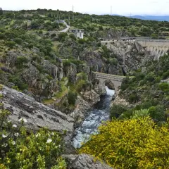 Paisaje natural con un río caudaloso, un puente de piedra y una presa. Un lugar ideal que ver en Robledillo de la Jara para disfrutar de la naturaleza.