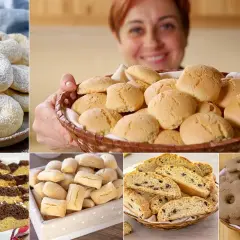 Varietà di biscotti da inzuppo: ciambelline zuccherate, palline dorate, biscotti a forma di fiore e fette con gocce di cioccolato.
