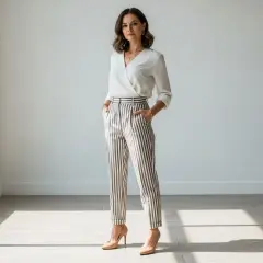 Eleganckie stylizacje dla niskich kobiet: biała bluzka kopertowa i spodnie w pionowe pasy optycznie wydłużają sylwetkę.