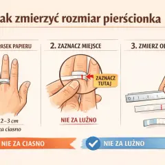 Ilustracja pokazuje 3 kroki mierzenia rozmiaru pierścionka: owinięcie paska papieru, zaznaczenie miejsca i zmierzenie obwodu.