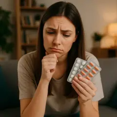 Zmartwiona kobieta trzyma dwa opakowania tabletek, zastanawiając się, czy paracetamol jest przeciwzapalny.