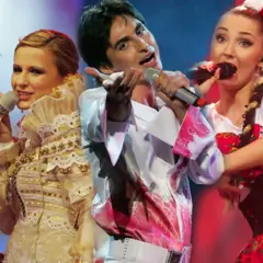 Czterech artystów w barwnych strojach, w tym w ludowym, kto reprezentował Polskę na Eurowizji.