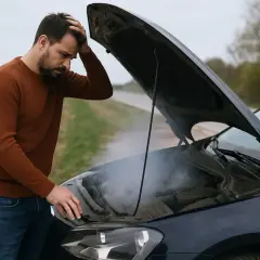 Uomo disperato guarda il fumo uscire dal cofano aperto della sua auto, con il motore fuso.