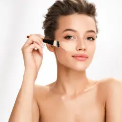 Donna applica il colore correttore con un pennello sul viso, creando una base perfetta.