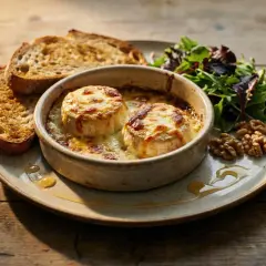 Deux crottins de Chavignol au four, gratinés et fondants, servis avec toasts grillés, salade verte et noix. Une recette simple et gourmande.