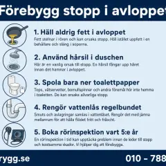 Förebygg stopp i avloppet: använd hårsil i duschen, spola bara ner toalettpapper, rengör vattenlås regelbundet. Boka rörinspektion vart 5:e år.