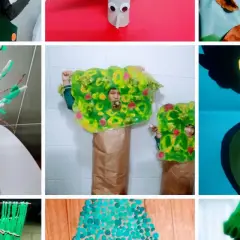 Celebración del día de los árboles con manualidades: disfraces de árbol, un árbol en maceta y un árbol de papel.