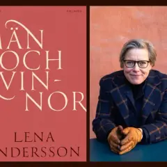 Lena Andersson ny bok "Män och kvinnor". Författaren poserar framför en orange vägg.