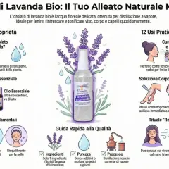 L'idrolato di lavanda bio è un'acqua floreale delicata, ottenuta per distillazione a vapore, ideale per lenire e rinfrescare viso, corpo e capelli.