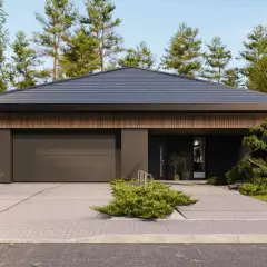 Nowoczesny dom z garażem, otoczony zielenią. Elegancka altana z płyt betonowych stanowi idealne uzupełnienie architektury.